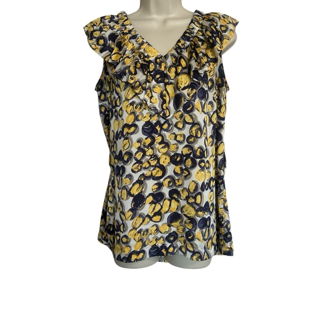 Joy Joy Yellow & Navy Ruffle V-Neck Sleeveless Top lightweight summer sz L